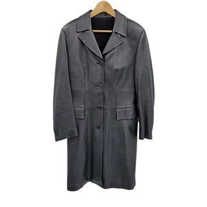 Vtg Trench Coat Faux Leather Wool Lined Longline Pockets Matrix Coplay Blk Sz S